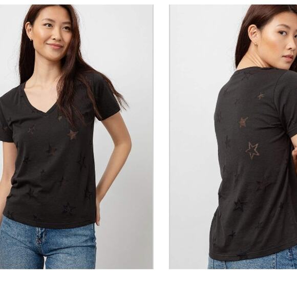 RAILS Cara Cotton V-neck Short Sleeve Black Burnout Star T-Shirt M whimsygoth - Picture 1 of 8